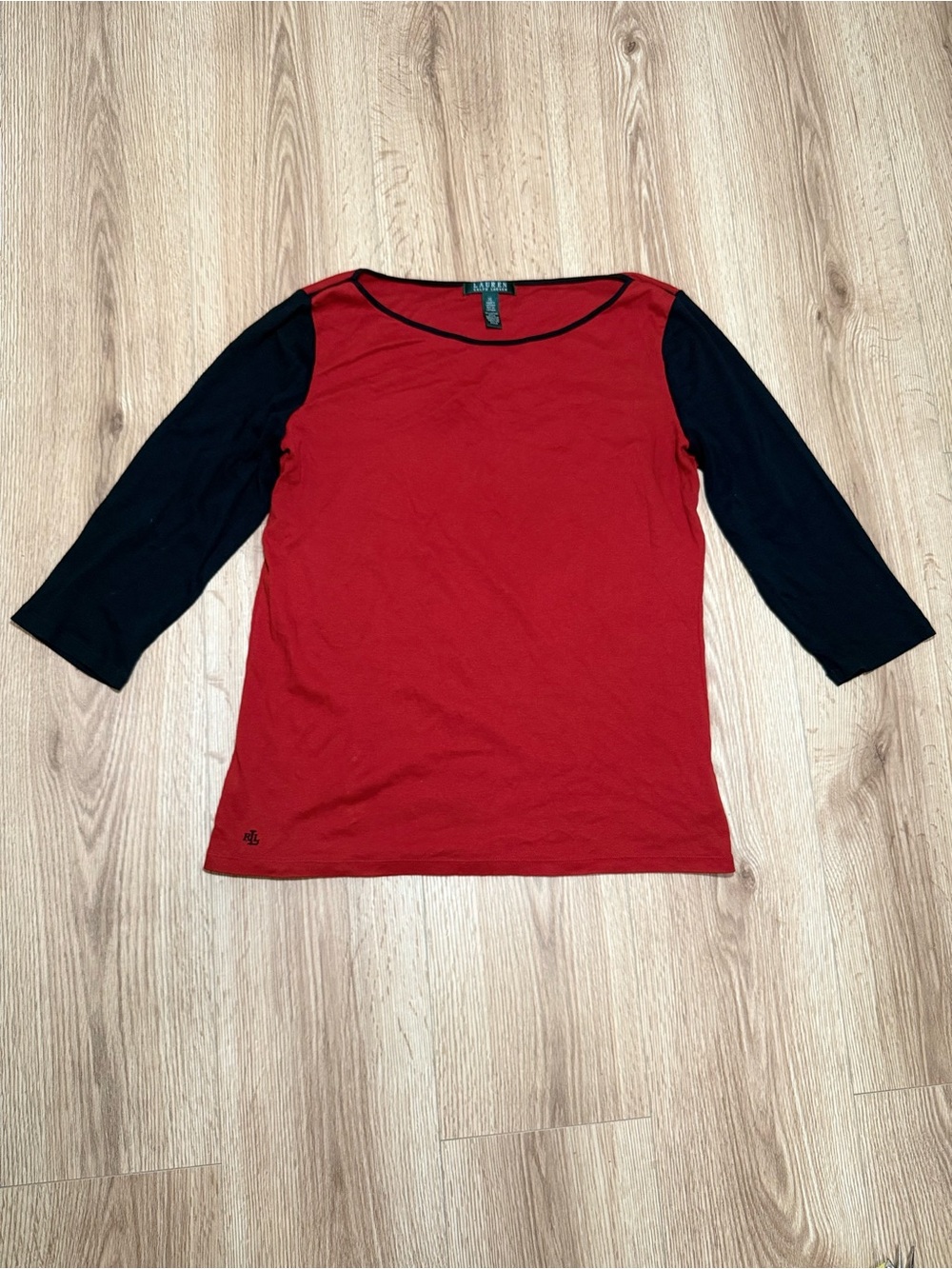 Lauren Ralph Lauren Womens XL Red Navy Color Block Boatneck 3/4 Sleeve Tee